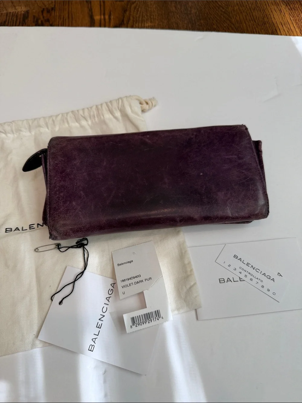 Balenciaga Distressed Plum Leather Continental Wallet with Gold Hardware